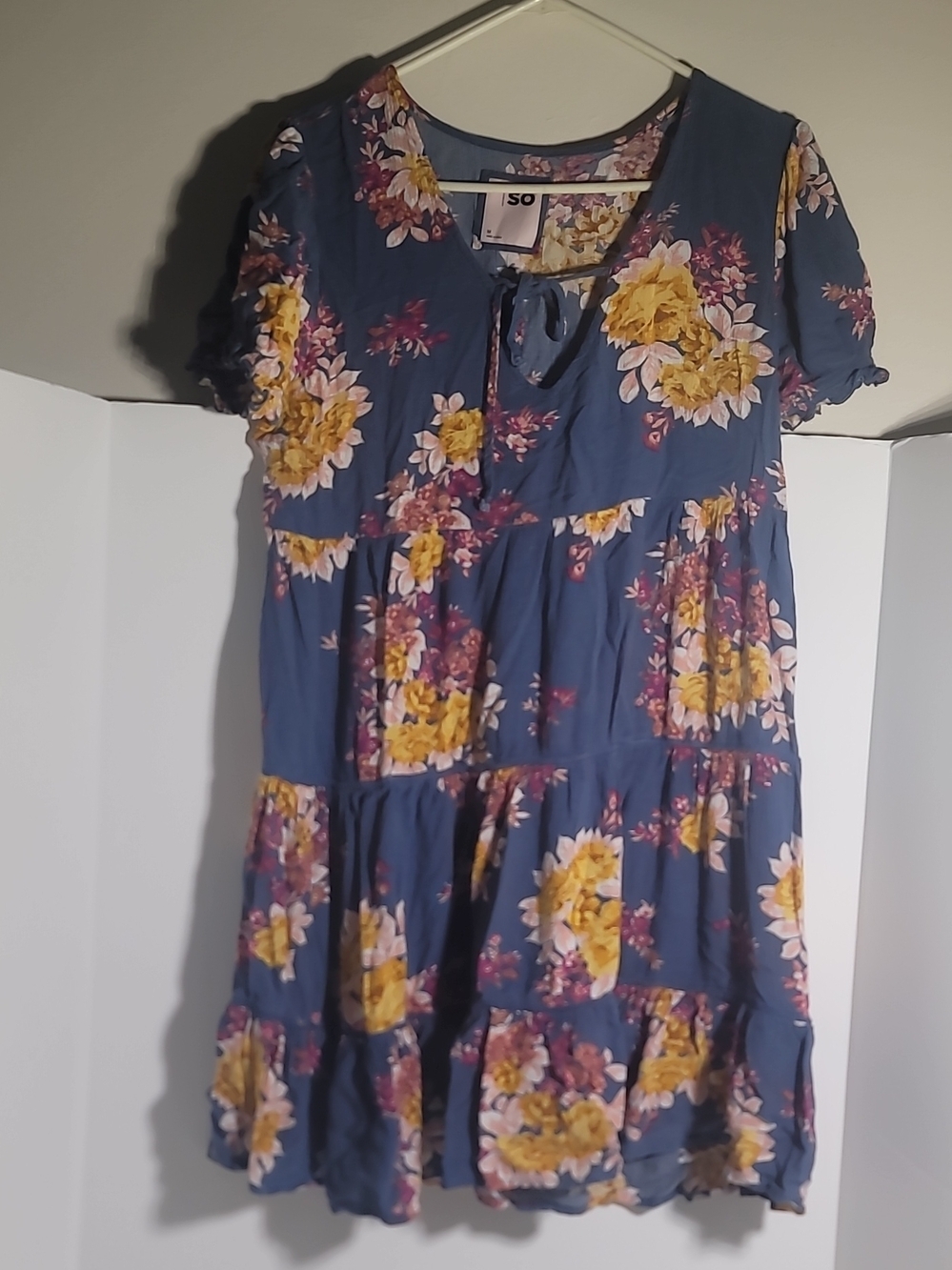 SO Blue Floral Mini Dress with Yellow and Pink Flowers